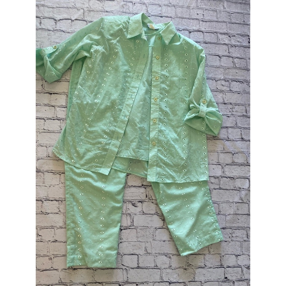 Da Rue‎ Drapers & Damon's Mint Green Eyelet Roll Tap Sleeve 3 Piece Pant Set 10P